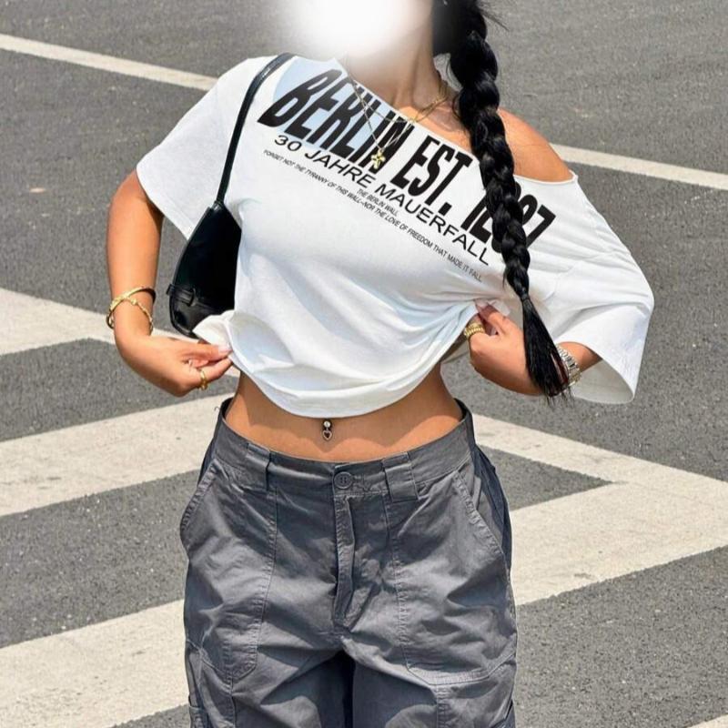 

European and American summer letter printed one collar slim fit short personalized T-shirt L білий