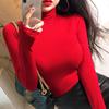 Women's Slim-Fit Korean Style Long-Sleeve Mock Neck Top In Demon Red for Spring and Autumn