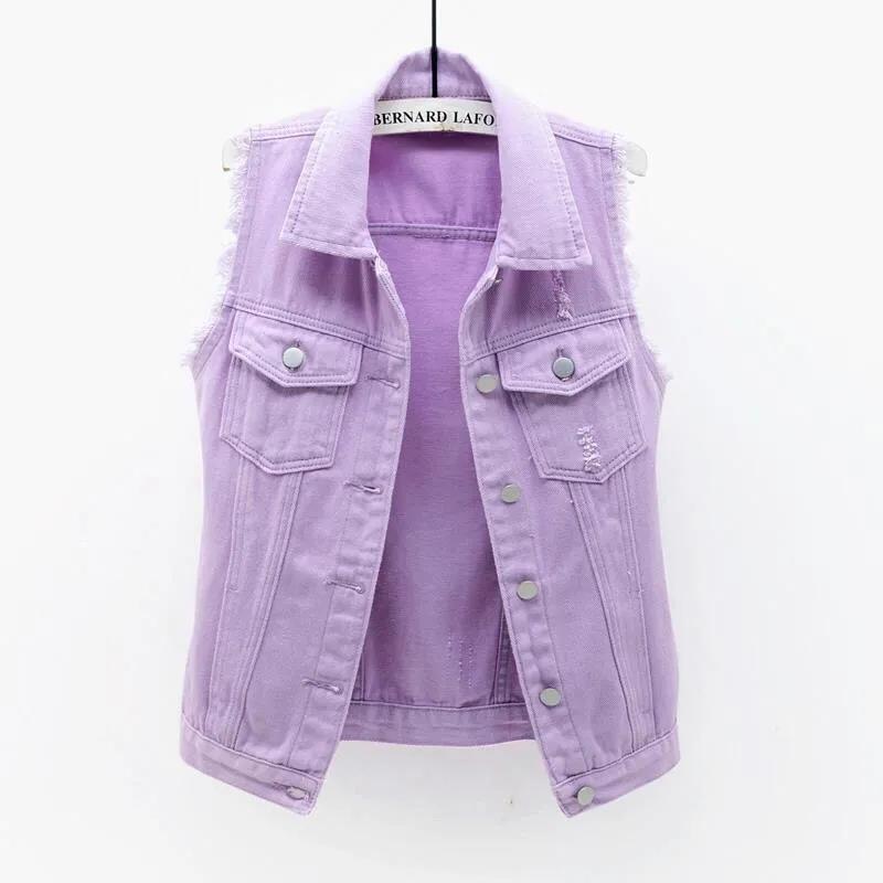 Denim Vest Women's Sleeveless Jacket Short All-match Slim Slimming Raw EdgeRipped Tops Spring Summer Autumn