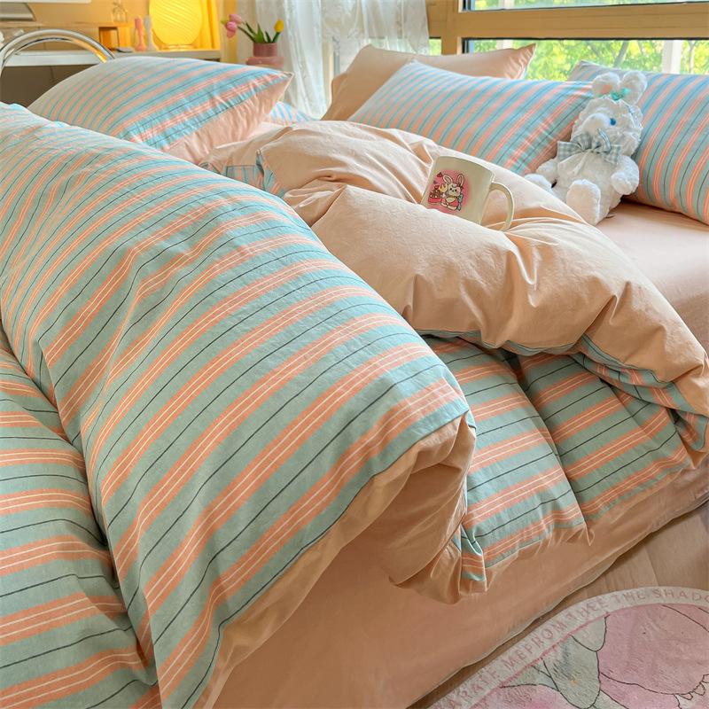 High Quality Striped Printed Pure Cotton Bedding Sets Skin Friendly Breathable Soft Quilt Kit Non Color Fading Bed Set