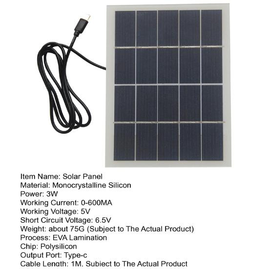 Solar Panel 3W Polycrystalline Silicon Portable Solar Charger with Type-C Output Security Cameras Camping Solar