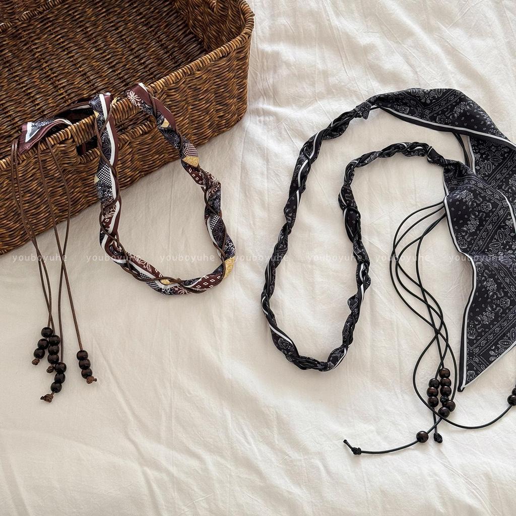 Damski Retro Brązowy Jedwabny Szal Pasek Paisley z Wzorem Łańcucha Dżinsowego