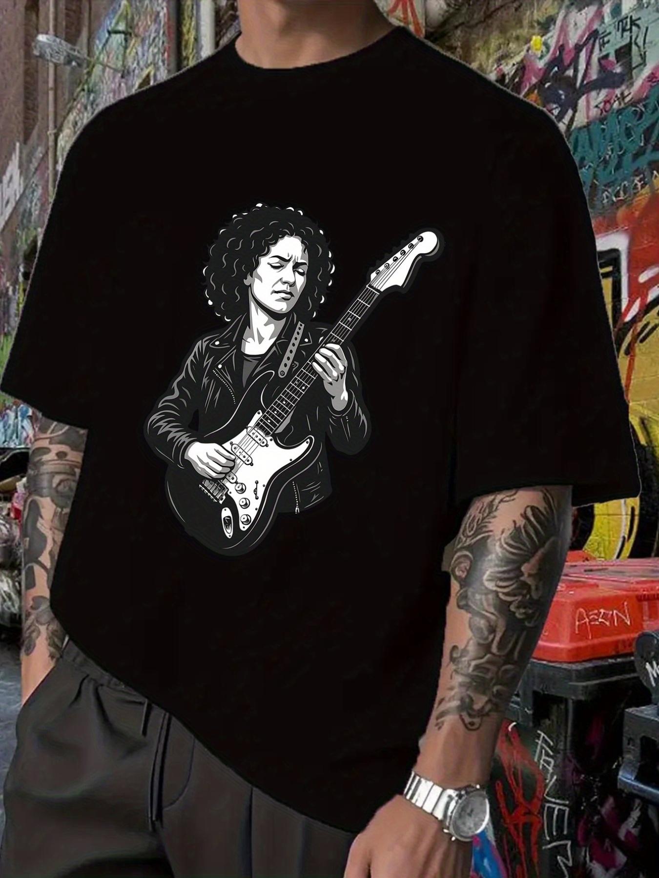 Rock & Roll Guitarist Graphic T-shirt - Black Casual Short Sleeve Tee with White Print S