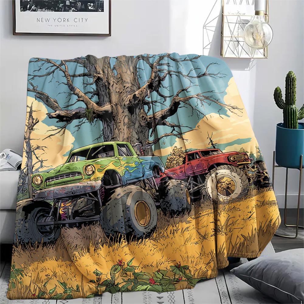Truck Print Flannel Blanket, High Quality Comfortable for All Seasons, Home Decor, Warmth and Comfort, Perfect for Christmas Gifts