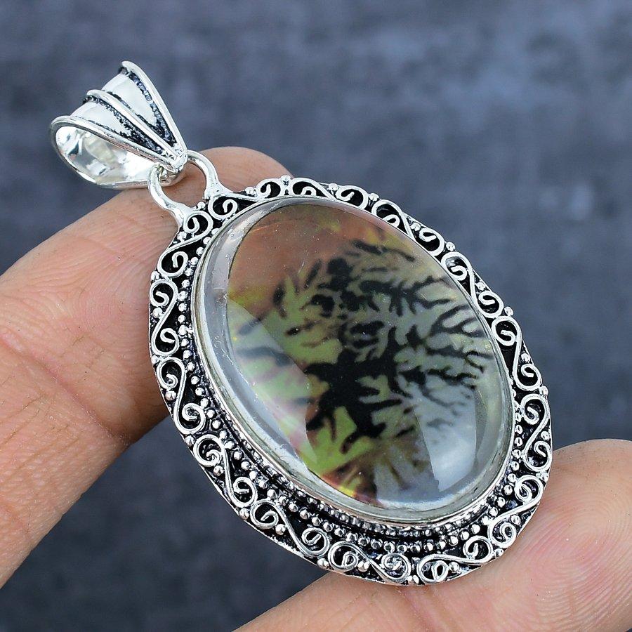 Natural Russian Dendritic 925 Sterling Silver Jewelry Pendant 2.29" T0A05