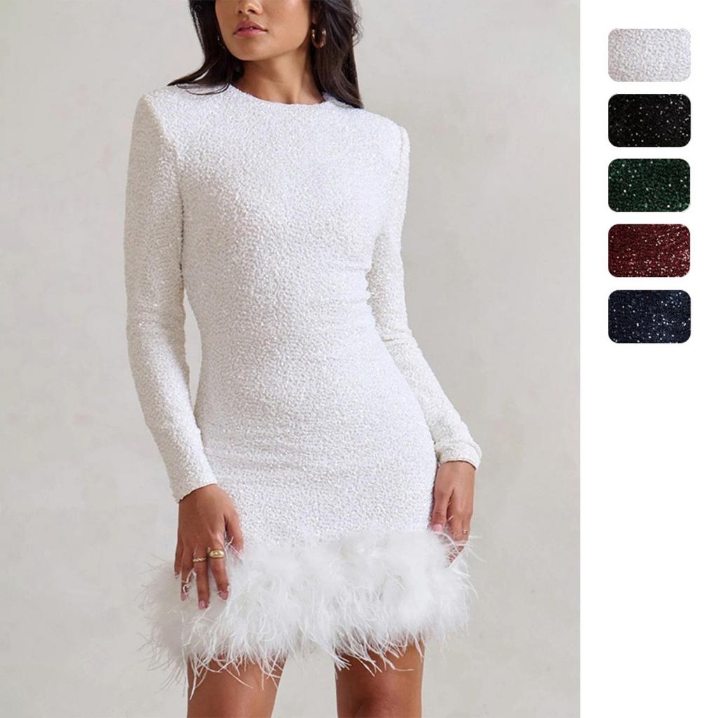 Women's European & American Sexy Formal Dress, Long Sleeve Solid Color Sequins Feather Evening Party Gown, Round Neck Cocktail Dress