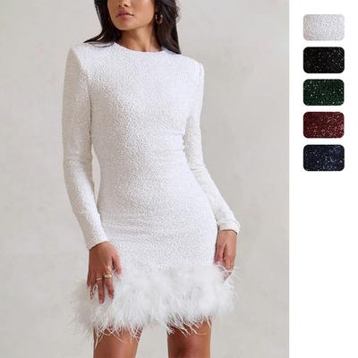 Vestido Formal Sexy Europeo y Americano para Mujer, Manga Larga Color Sólido Lentejuelas Plumas Vestido de Fiesta Nocturna, Vestido de Cóctel con Cuello Redondo