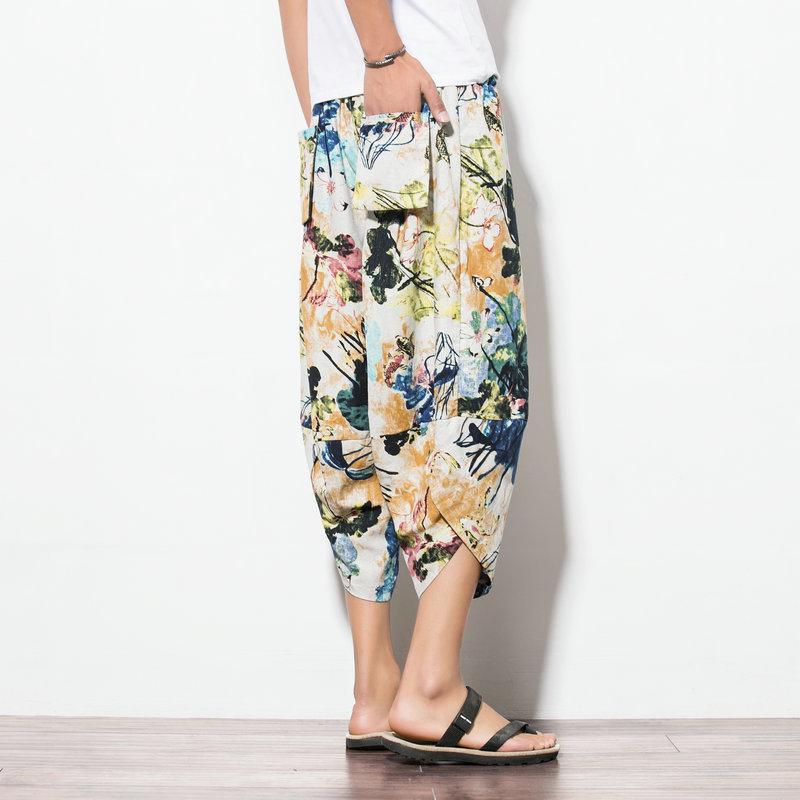 Men's Multicolor Thai Wide-Leg Bloomers - Cotton & Linen Beach Pants, Chinese Style, Spring/Summer.