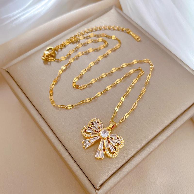 Titanium Steel Full Zirconium Butterfly Light Luxury Banquet Wedding Necklace Women S Versatile Collarbone Chain Titanium Steel Chain