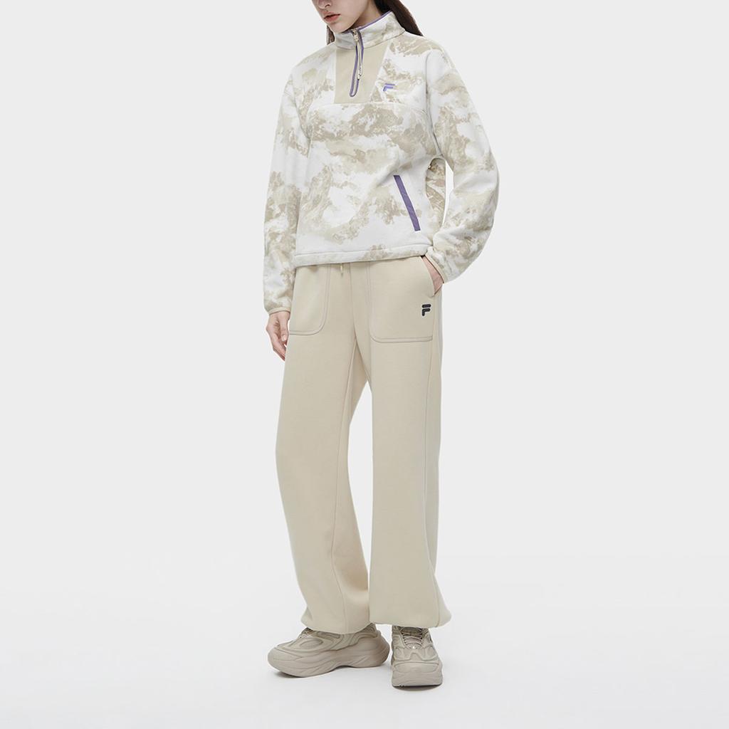Fila Fusion Full Print Loose Fit Stand Collar Half Zip Pullover Sweatshirt Women sweatshirt Cream T11W341206FLK