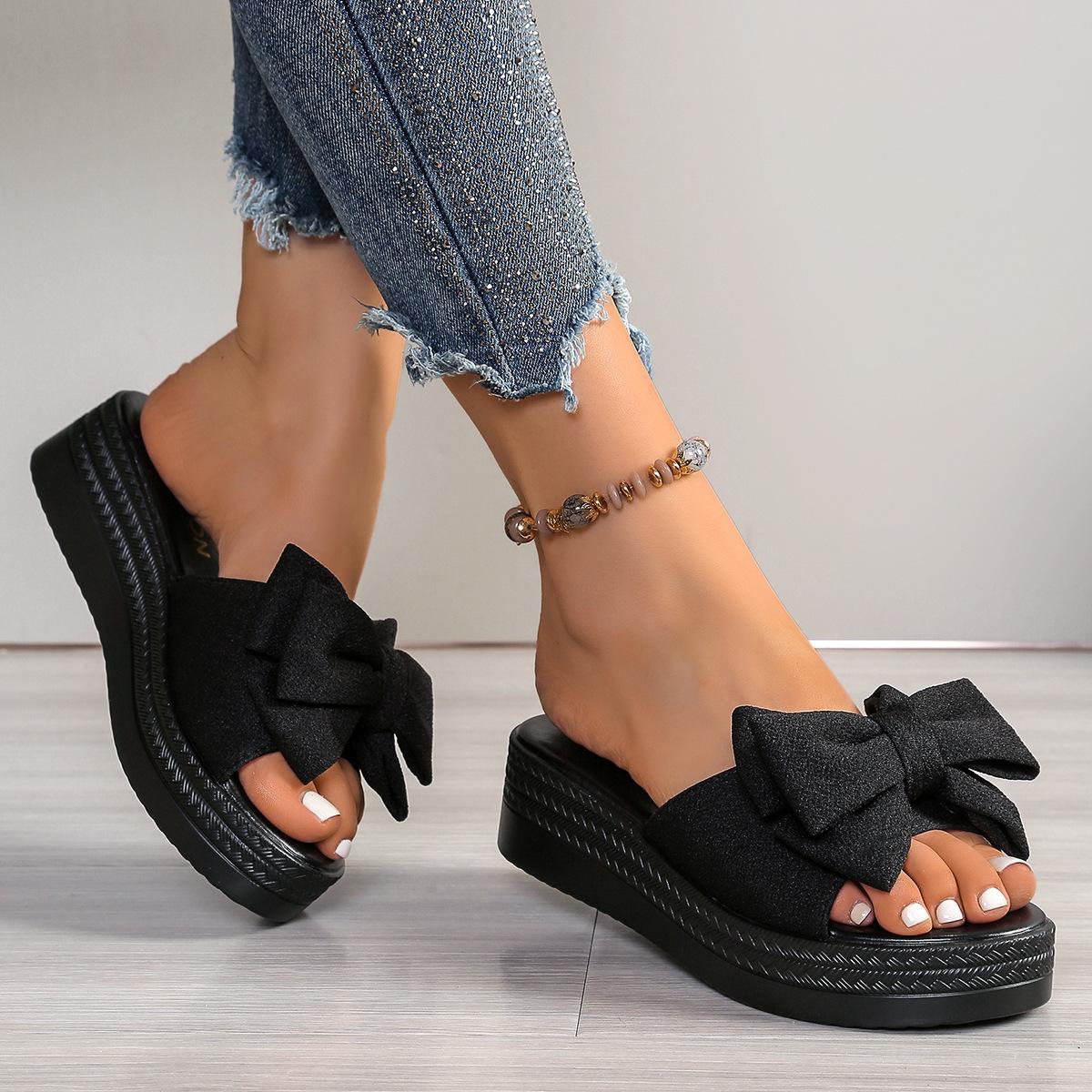 

Flower sandals platform size 2025 bow muffin slippers 43 spring and summer font wedge cool slippers women 43 чорний