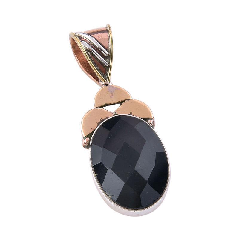 Natural Black Onyx Gemstone 925 Solid Sterling Silver TwoTone Pendant 1.50" h1k03