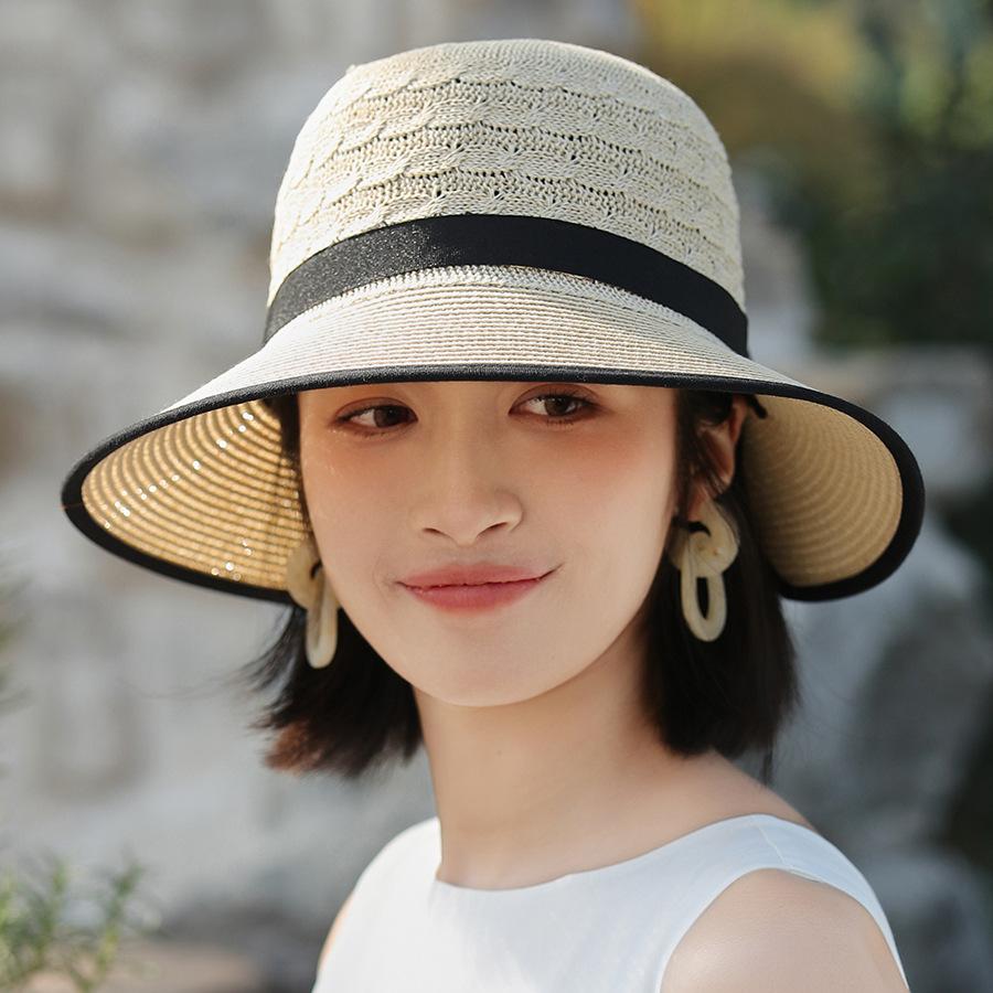Women Wide Brim Straw Sun Hat with Bow Ribbon Summer Beach UV Protection Floppy Bucket Cap