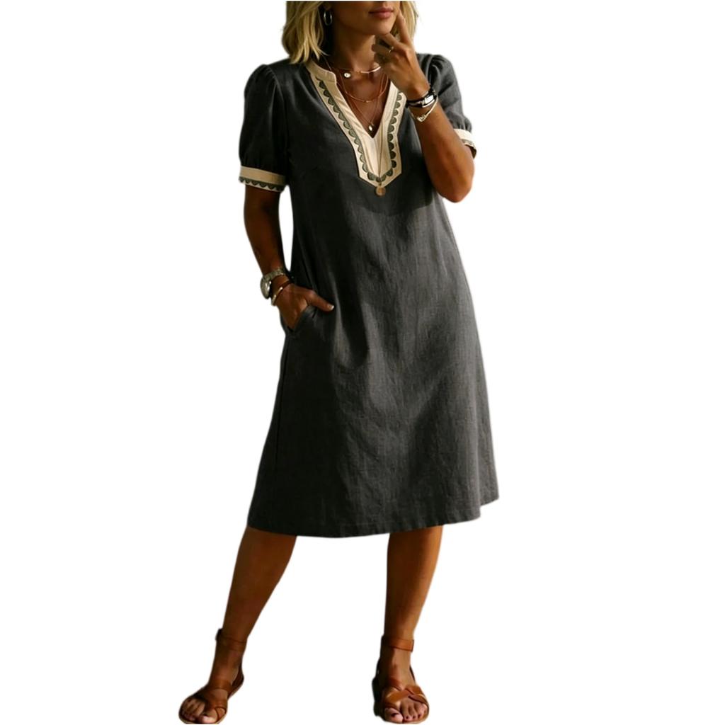 Ladies Casual Loose Bubble Sleeve Dress V Neck Mid Length Summer Dress Lightweight Comfortable Fabric Simple Design