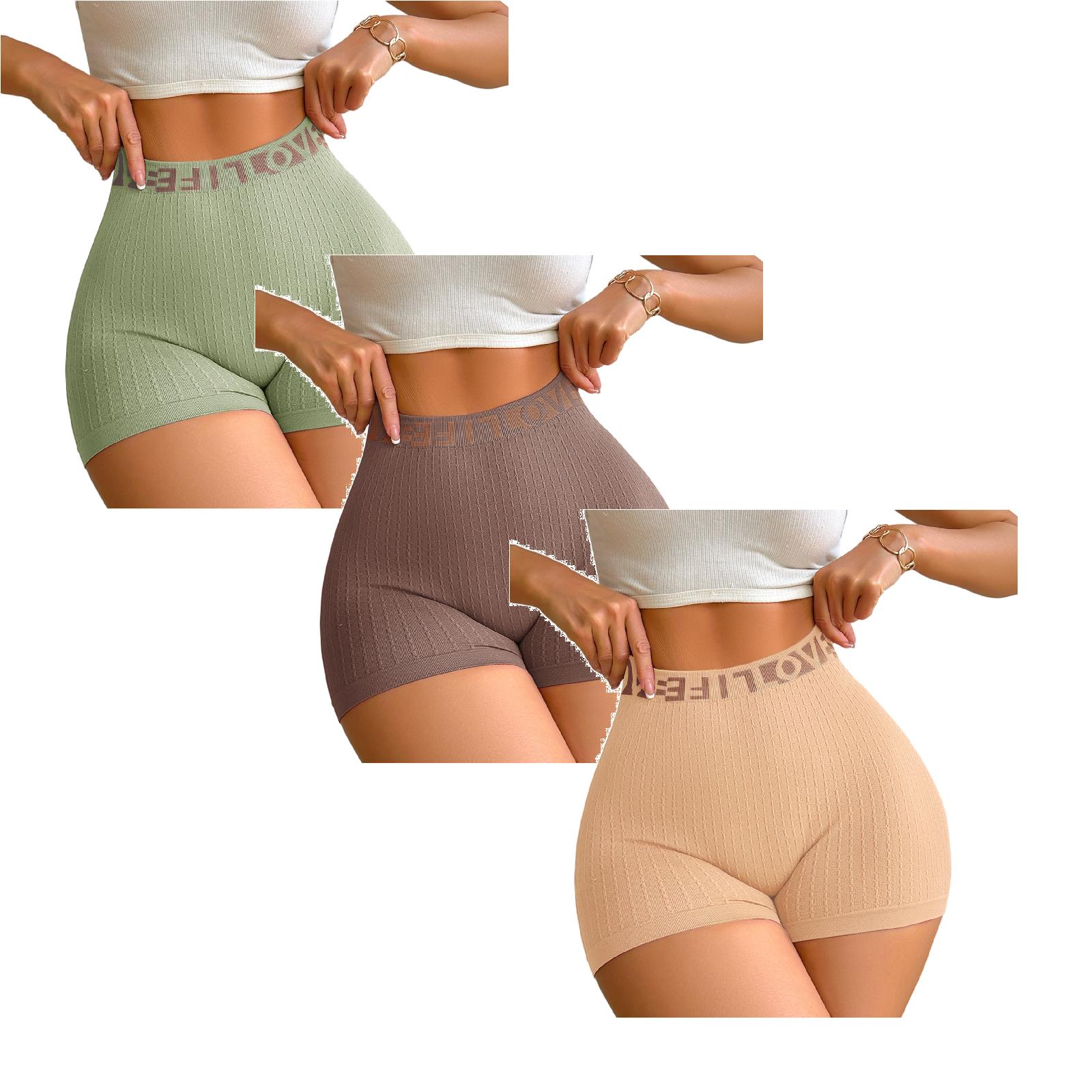 Women s High Waist Athletic Shorts Seamless Ribbed Fabric Stretchy Fit Elastic Waistband Three Piece Set XL