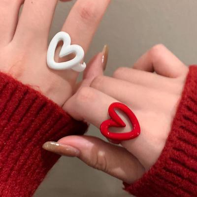 Hvid Rød Emalje Hjerte Sød Ring Trendy Geometrisk Dryppende Olie til Kvinder Piger Sjov Y2K Åbningsringe Smykker Gave Engros
