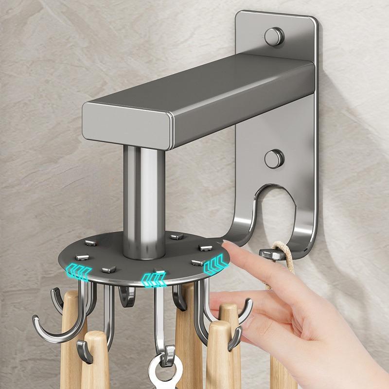 Kitchen Rotary Hook Wall Mounted Spatula and Spoon Rack, Non Punching Kitchen Utensil Storage Rack, Hanging Rod, Non Nail Storage Rack