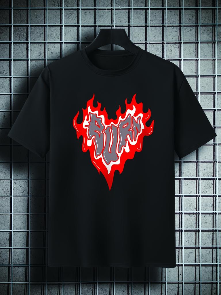 European size Men's Burning Heart Patten Plain Color Short Sleeve Crew Neck T-shirt, Oversized Casual Clothing For Guys