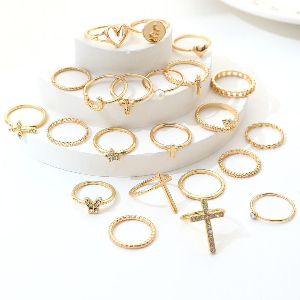 22Pcs Bohemia Cross Knuckle Rings Set For Women Gold Silver Color Heart Butterfly Snake Shape Charm Ring Fashion Daily Jewelry