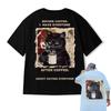 Unisex Funny Coffee Black Cat Graphic T‑Shirt Front Back Print Humorous Slogan Casual Loose Streetwear Tops for Men Women