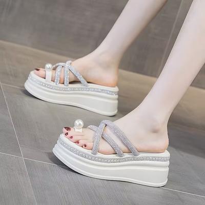 Summer Women's Thick Bottom Height Increase Fashion Sandals - Korean Rhinestone Pearl Thin Strap Beach Slippers