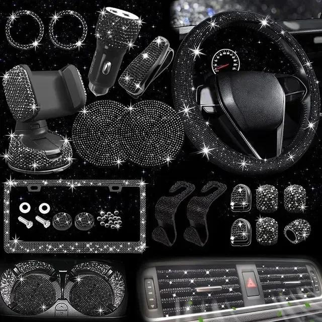 Car Accessories Set 27/4Piece Women Bling Universal Fit Polyester Steering Cover Shiny License Frame Phone Holder Coasters Tools