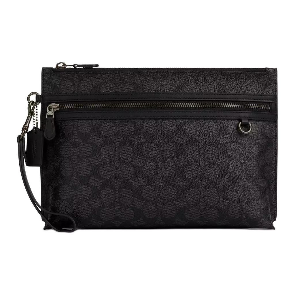 Coach Pouch 29 Detachable Wrist Strap Zipper Closure Coated Canvas Clutch Large Unisex Clutch Black CY985-QBMI5