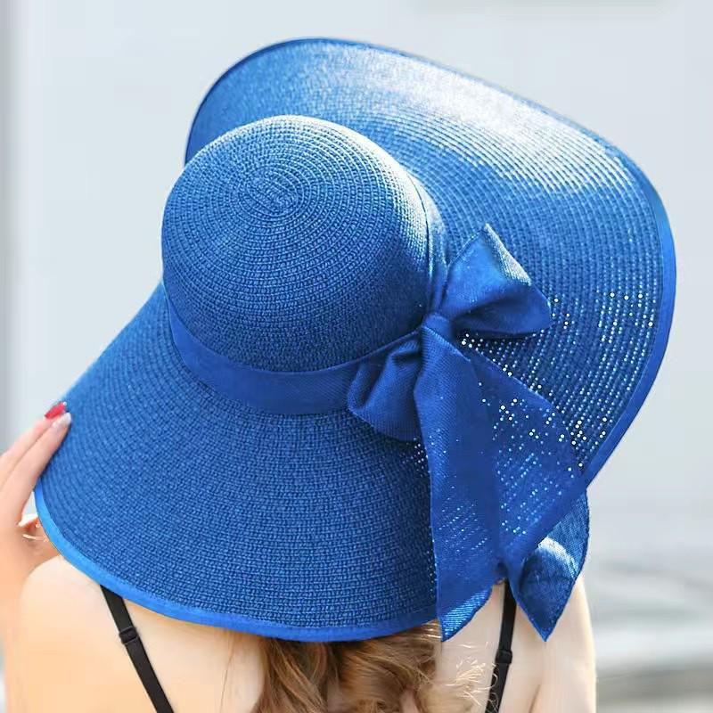 Women's Large Brim UV Protection Foldable Straw Hat with Bow for Spring/Summer