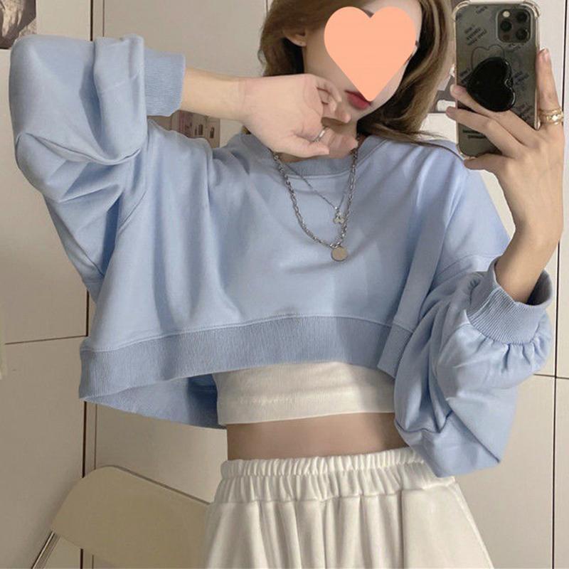 High Waist Short Sweatshirt Women's Loose Long Sleeve T-shirt Top