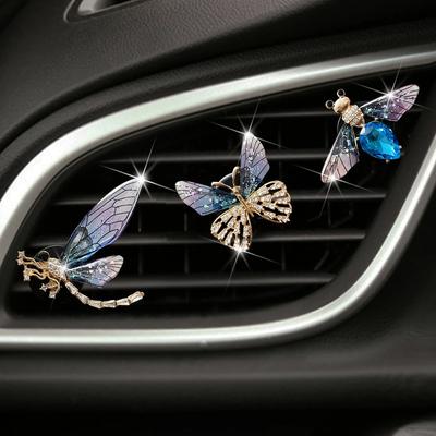 Clipe de perfume de carro borboleta em forma de libélula brilhante strass saída de ar purificador de ar clipe de perfume para acessórios de carro interior