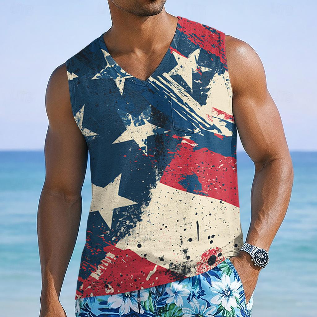 Men's Sleeveless V Neck Tank Top with Abstract Star and Stripe Print Casual Loose Fit Lightweight Shirt for Summer