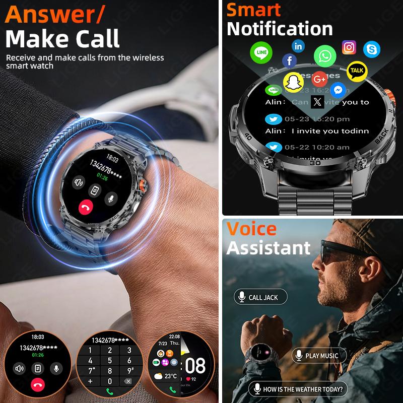 New Men Military Outdoor 1000mAh Battery Smart Watch Flashlight IP68 Waterproof 1.7-Inch HD Bluetooth Call Smartwatch