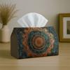 2D Flat, 1 Bohemian-style Mandala Pattern Tissue Box In Cyan and Copper Tones with a Rust-textured Finish, a Sturdy Napkin Holder Suitable for Vehicle