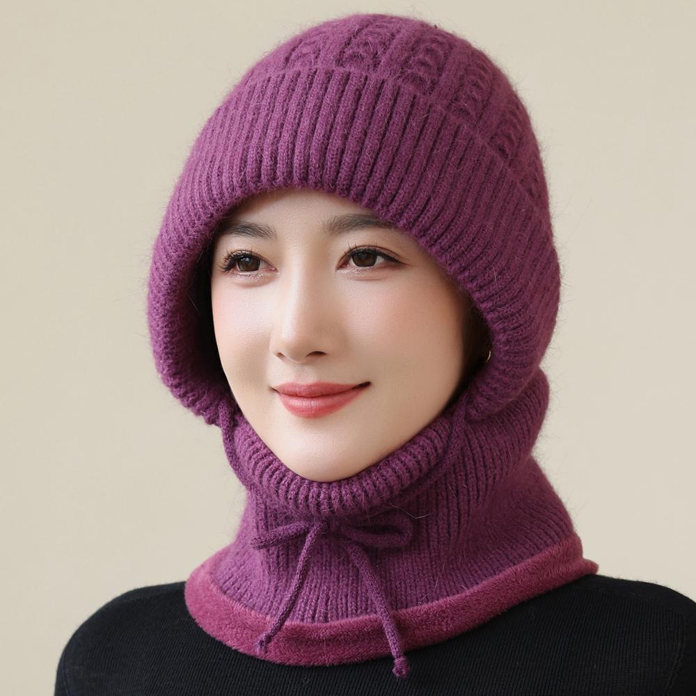 New Style Winter Women Keep Warm Knitted Hat Neck Protection Beanie Cap Fur Lined Warm Hats For Women Windproof Balaclava Cap
