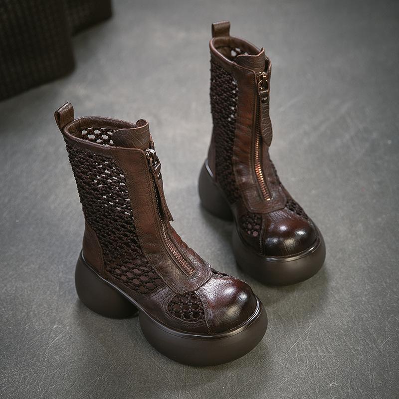 Johnature Genuine Leather Patchwork Mesh Thick Heel Hollow-out Boots Retro Women's Platform Shoes