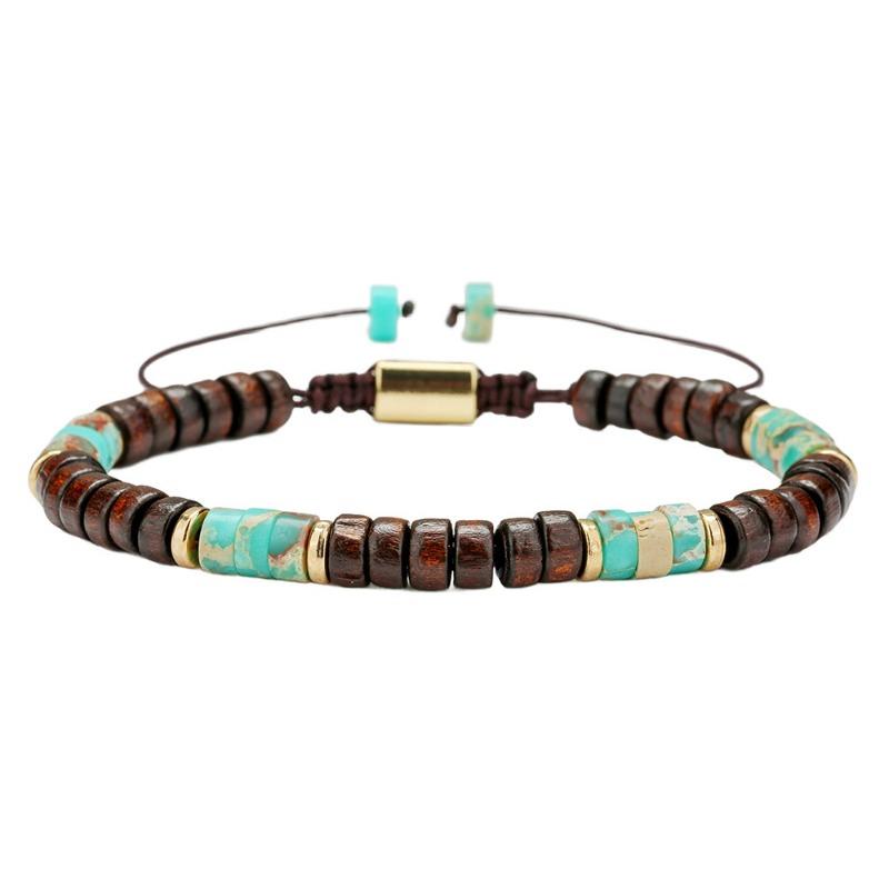 Nastavitelný náramek z dřevěných korálků a tyrkysového kamene – Boho ručně vyráběné šperky inspirované přírodou pro muže i ženy, duchovní dárek