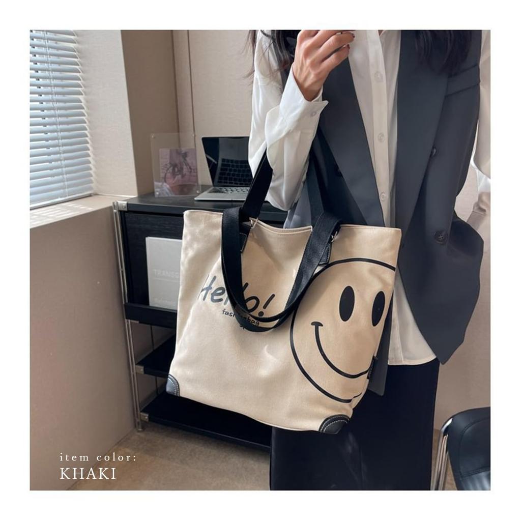Tote Bag for Canvas Large Canvas Smile Big Tote [DIVA Rose] Women, Handbag, Large, Cute, Capacity, Handbag, Bag, Stylish, Lightweight, (Khaki)