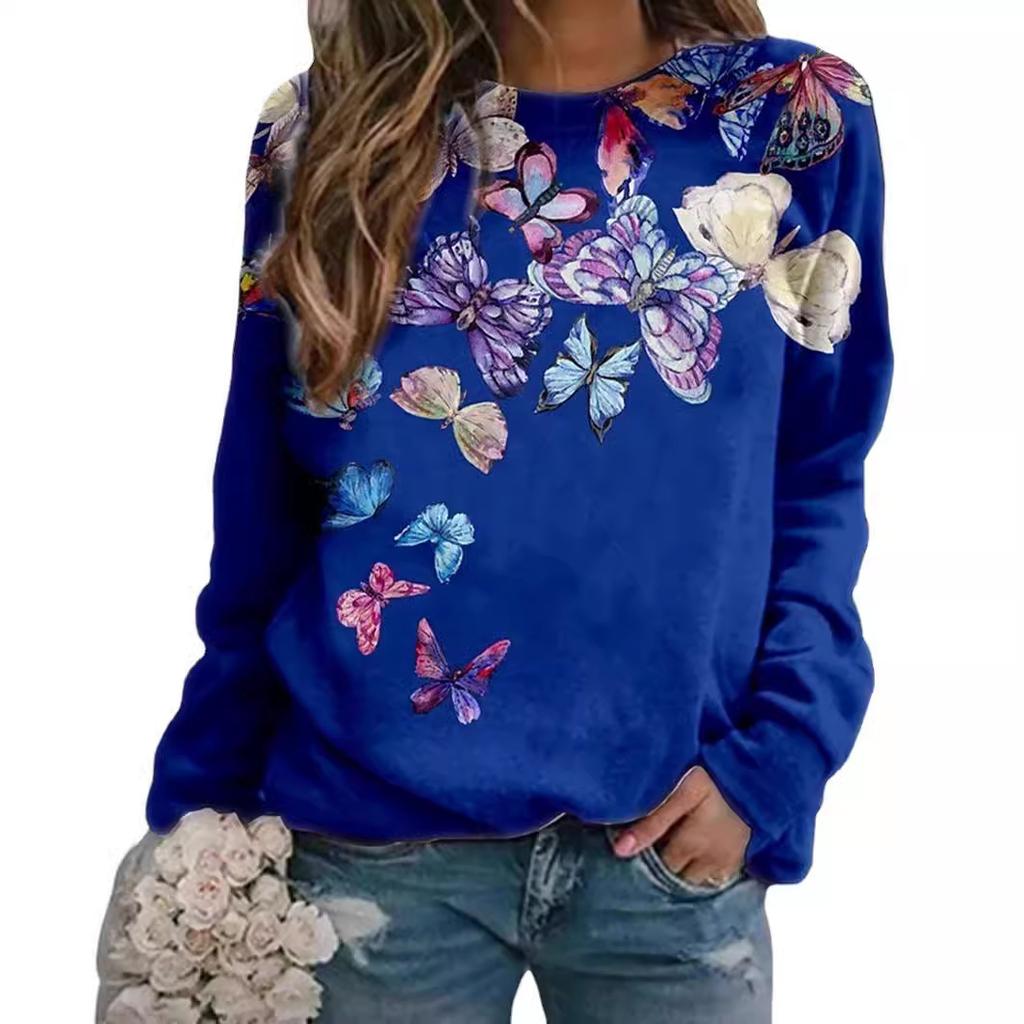 Neuer Herbst- und Winter Damen Floral Schmetterling Tierdruck Rundhals Kurz Langarm Hoodie