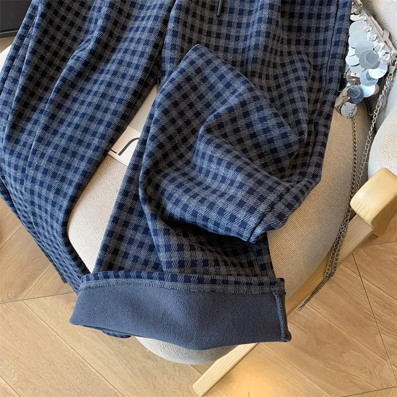 Women's Navy Blue Plaid Fleece Pants - Autumn/Winter Petite Retro Drawstring, Casual Floor-Length Lazy Style.