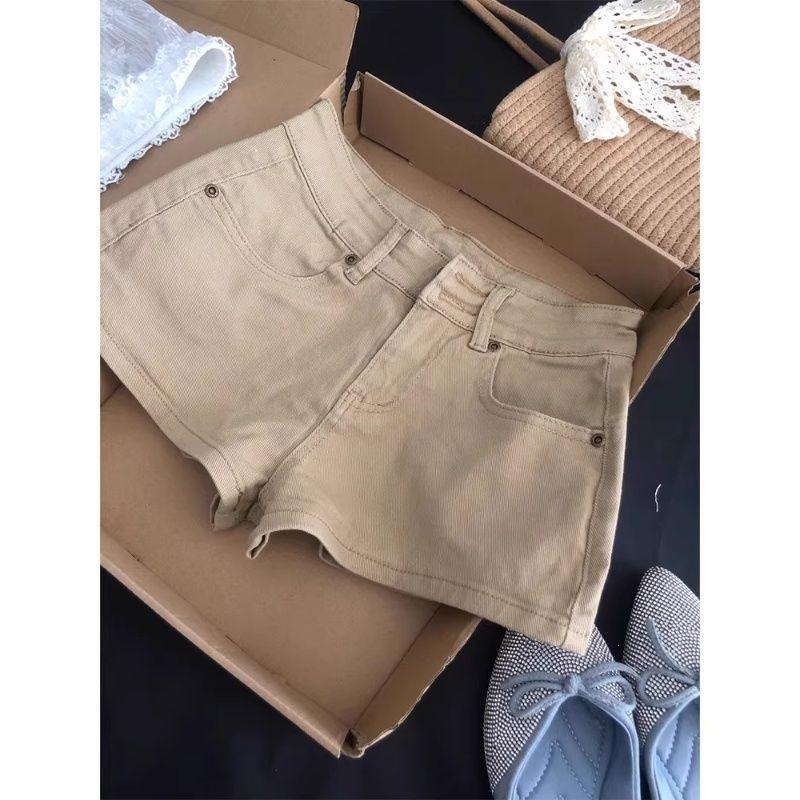 Khaki double-button denim shorts for women, summer new high-waisted slim-fitting and thin hip-wrapped hot pants