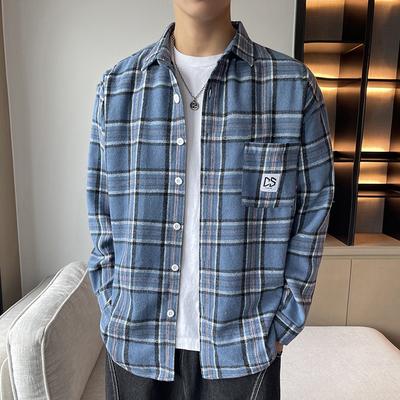 Men's Long Sleeve Shirt Spring New Hong Kong Style Lapel Shirt Casual Shirt Plaid Shirt Fashion Brand Loose Coat