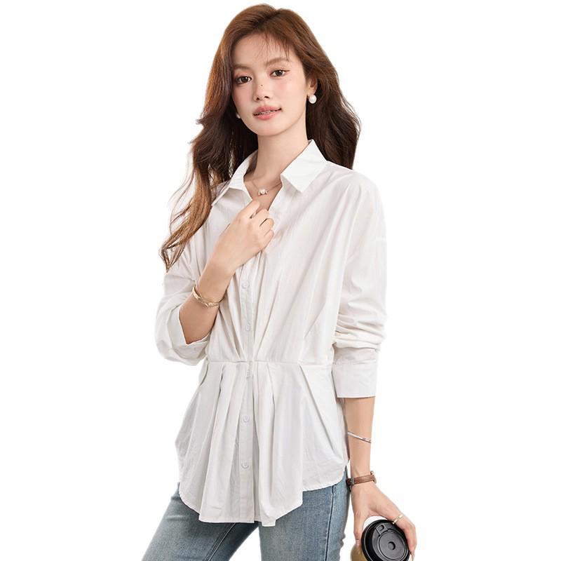 Women's French Style Slimming White Polo Neck Long Sleeve Shirt - 2026 Early Spring Collection
