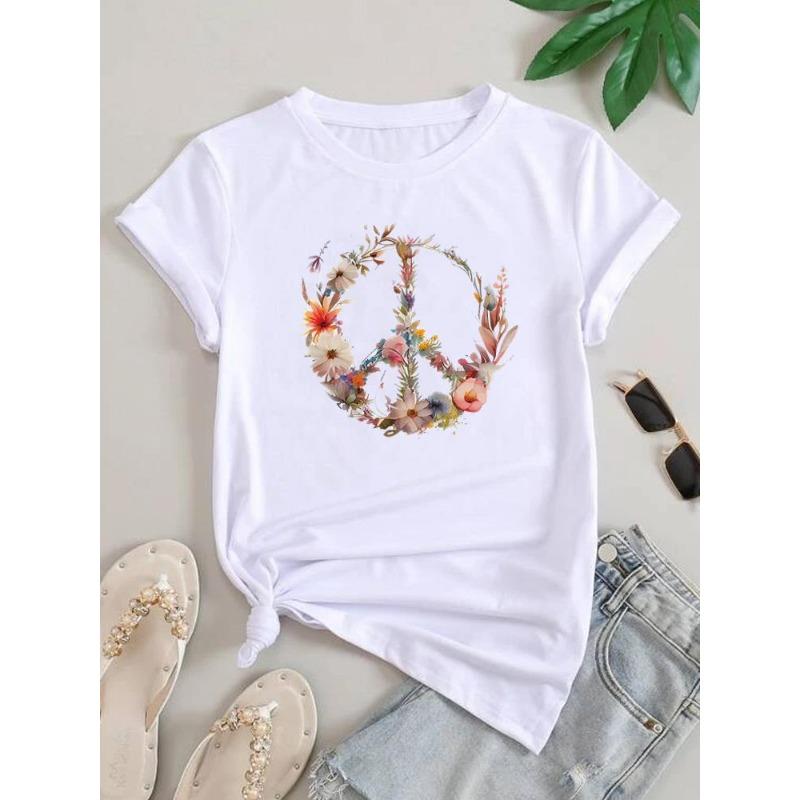 (European Size) Lovely Cute Women Letter Flower Tee Top Clothing Casual Short Sleeve T Shirt Fashion Print Lady Female Graphic T-shirts