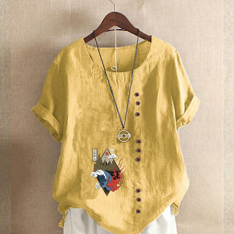 Damenmode Rundhals Kurzarm T-Shirt Lässig Baumwolle Leinen Grafikshirt Freizeit Locker Flame Mountain Bedruckt Sommerbluse Tops