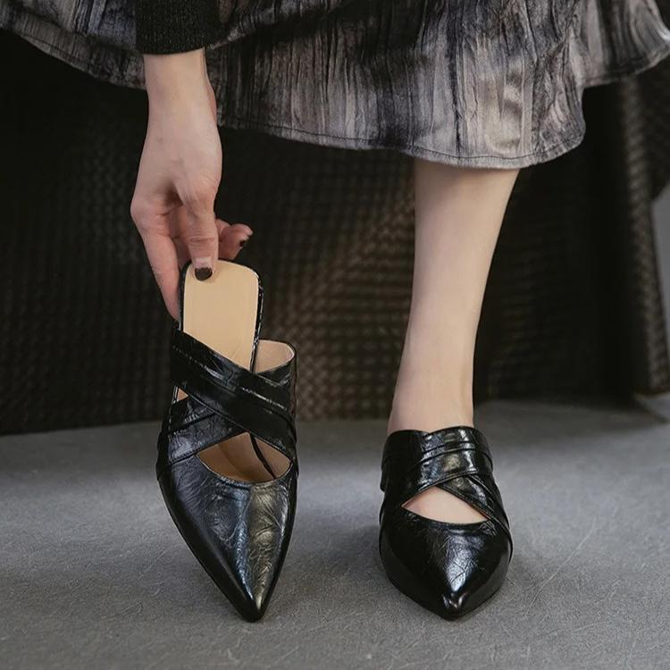 Johnature Temperament Spitse Neus Dunne Hak Slippers Echt Leer Modieus Veelzijdige Dames Slip-on Schoenen