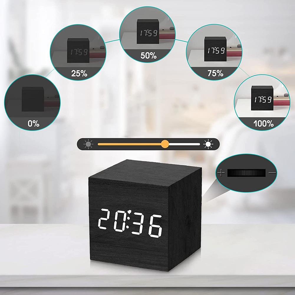 Wooden Electronic Desktop Clock with Temperature LED Bedside Clock USB/Battery Powered Bedroom Table Clock for Home Decoration
