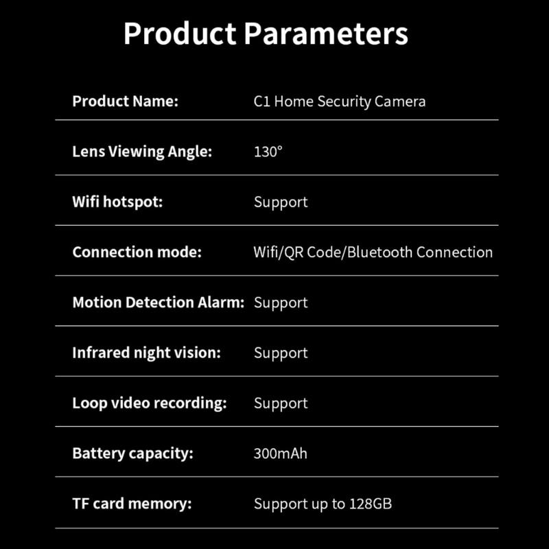 C1 Mini Camera Feature Night Viewing and Easy Installation Stand for Security Monitoring Home or Work Black