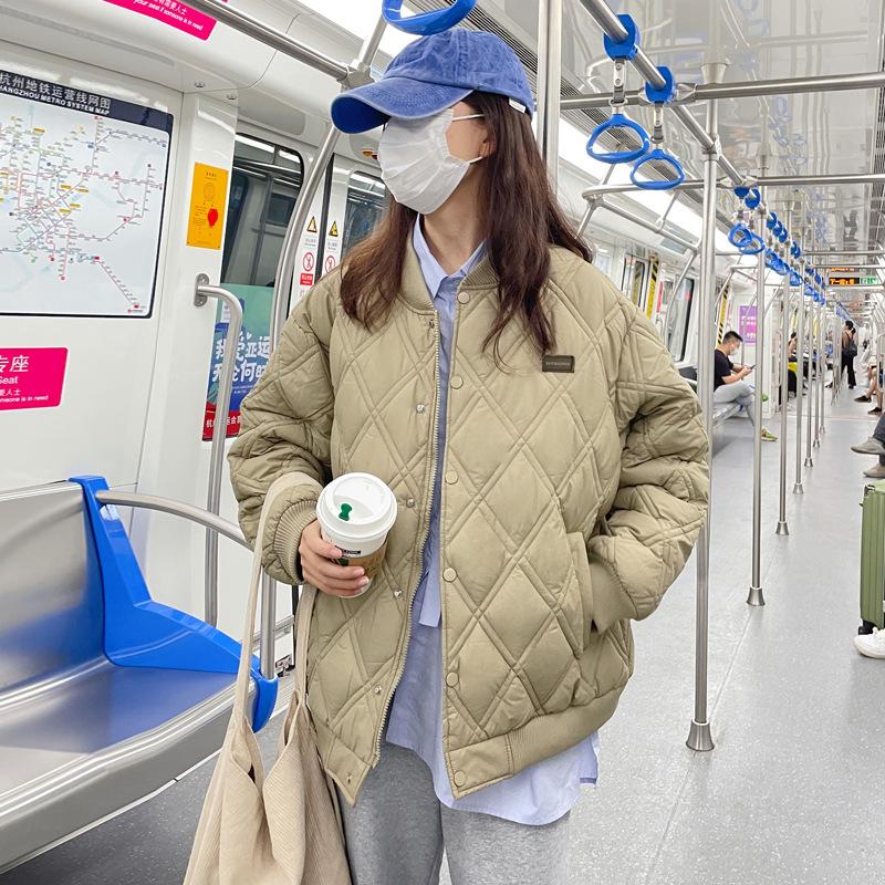 2025 winter new products: short loose casual stand-up collar, thin diamond plaid cotton jacket, girlfriend padded jacket