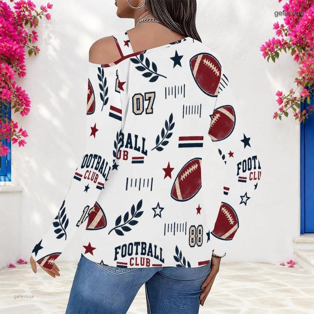 Women Plus Size White Asymmetric Cutout Neck Cold Shoulder Long Sleeve Sailboat Printed Top