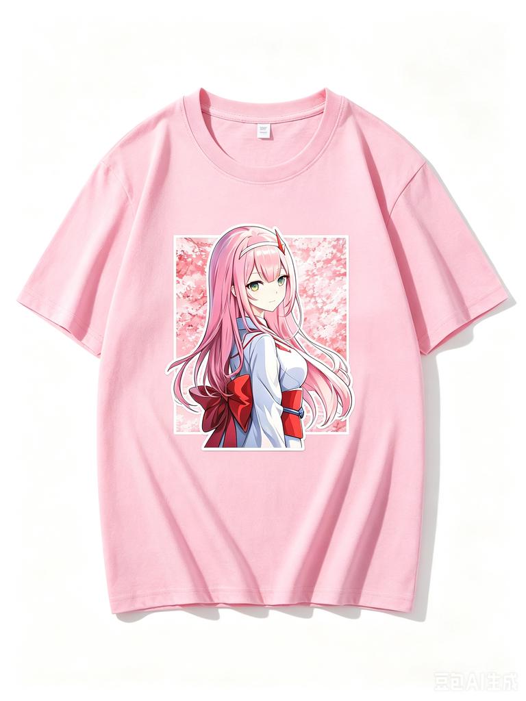 2026 New Unisex Crew Neck Casual Short Sleeve TShirt With Kimono Zero Two Cherry Blossom Square Frame Anime Print TShirt